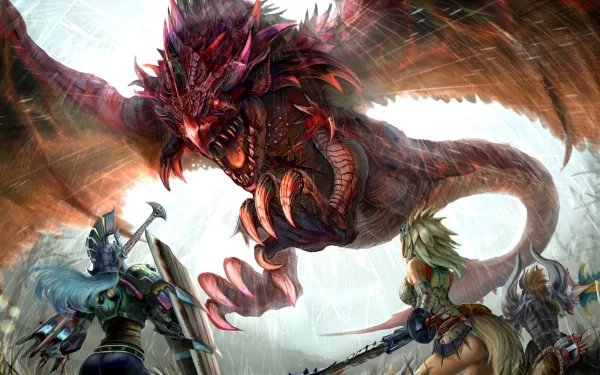 A dramatic depiction of Rathalos from Monster Hunter Portable 3rd, showcasing the fierce creature facing off against two hunters in a vibrant, action-packed scene.