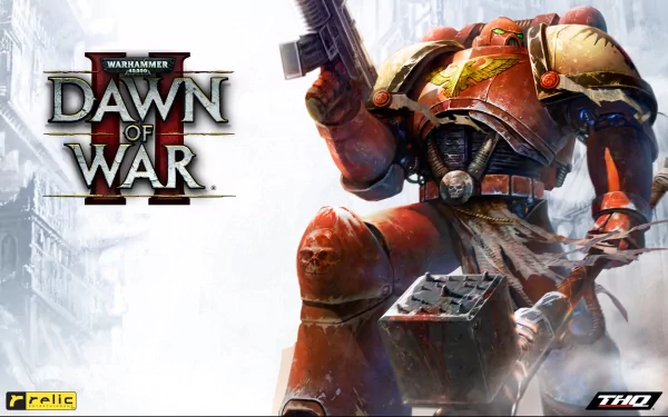 HD PC desktop wallpaper featuring a Space Marine from the Warhammer 40,000: Dawn of War II video game, showcasing intense sci-fi battle armor and weapons.