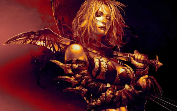 HD PC desktop wallpaper of Tyris Flare from Golden Axe: Beast Rider — a woman warrior in gold armor gripping a bloodied sword against a fiery, smoky backdrop.