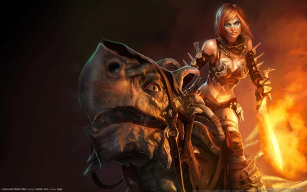 Tyris Flare, the fierce woman warrior from the video game Golden Axe: Beast Rider, wields a flaming sword beside a mythical beast in this HD fantasy desktop wallpaper.