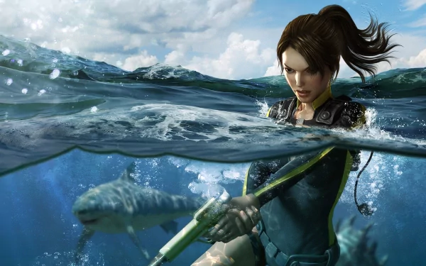 HD PC wallpaper featuring Lara Croft from Tomb Raider: Underworld, depicted underwater on an adventurous video game scene.