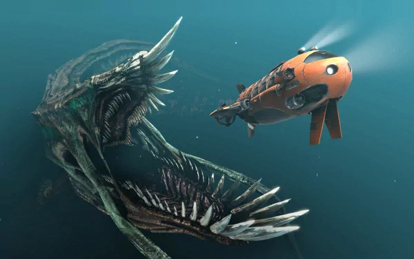 A dark and eerie underwater scene featuring a monstrous creature alongside a small submersible, creating a captivating HD desktop wallpaper and background.