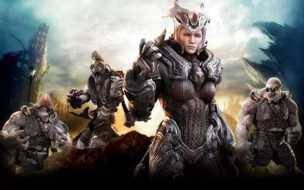 HD PC desktop wallpaper featuring armored characters from the video game Gears of War 3 in a dramatic, battle-ready pose against a cloudy sky backdrop.