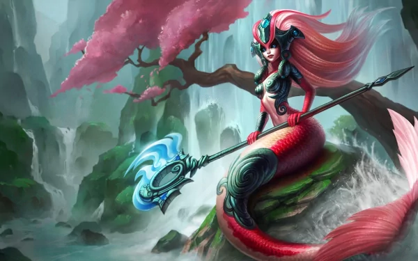 HD PC desktop wallpaper featuring Nami from League of Legends, showcasing her aquatic design and mystical weapon against a serene, misty landscape with cherry blossoms.
