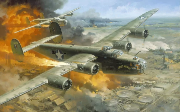 HD desktop wallpaper depicting a military scene with a Consolidated B-24 Liberator aircraft flying over a fiery battlefield.