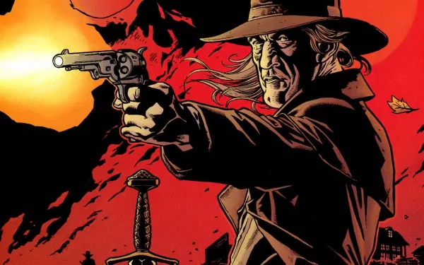 HD PC desktop wallpaper featuring a comic-style preacher with long hair and hat, aiming a revolver against a dramatic red and black background.