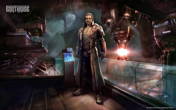 Earthrise video game HD PC desktop wallpaper: a rugged long-coated protagonist stands on a futuristic ship bridge watching an alien planet's sunrise through industrial machinery.