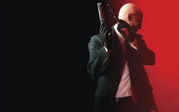HD PC desktop wallpaper featuring a stylized Hitman character in a suit, holding guns against a dark background with red lighting, inspired by the video game.