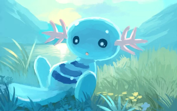 HD PC desktop wallpaper featuring Wooper, a playful Pokémon, set in a bright, natural landscape from the video game series.