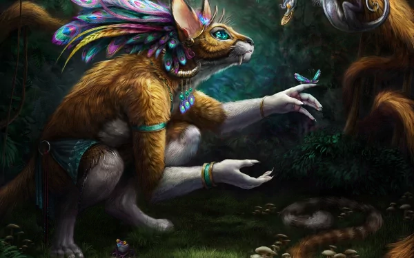 A fantastical animal character with vibrant feathers and intricate adornments interacts with nature in a lush, magical setting. This HD wallpaper captivates with its enchanting details.