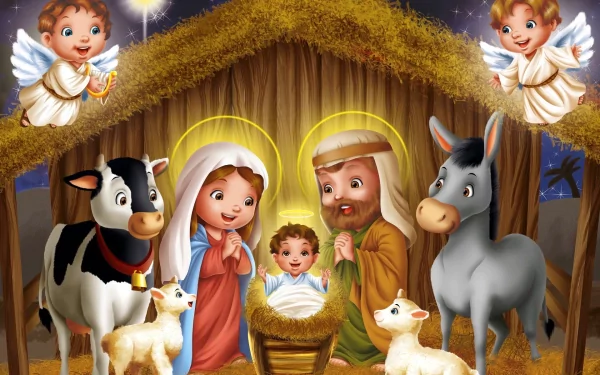 HD desktop wallpaper featuring a nativity scene with baby Jesus, Mary, Joseph, a cow, a donkey, and lambs, all under a stable with angels above, evoking the holiday spirit of Christmas.