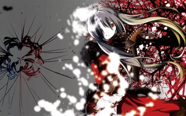 Dark HD PC desktop wallpaper of Zatsune Miku / Hatsune Miku (Vocaloid): red-black backdrop, flowing twin-tailed hair, white glowing particles and tangled thorny branches.