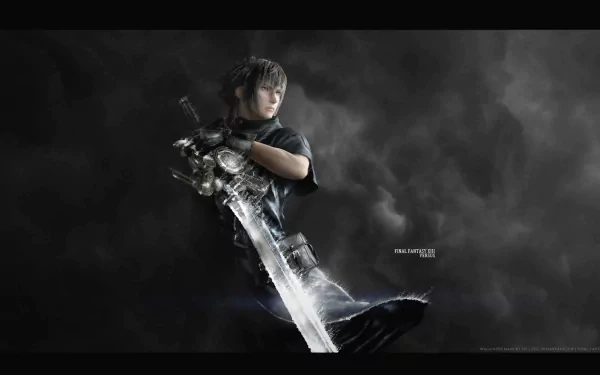 A striking HD wallpaper from Final Fantasy XV, featuring the protagonist poised with a large sword against a dramatic, dark background, embodying the essence of the iconic video game.