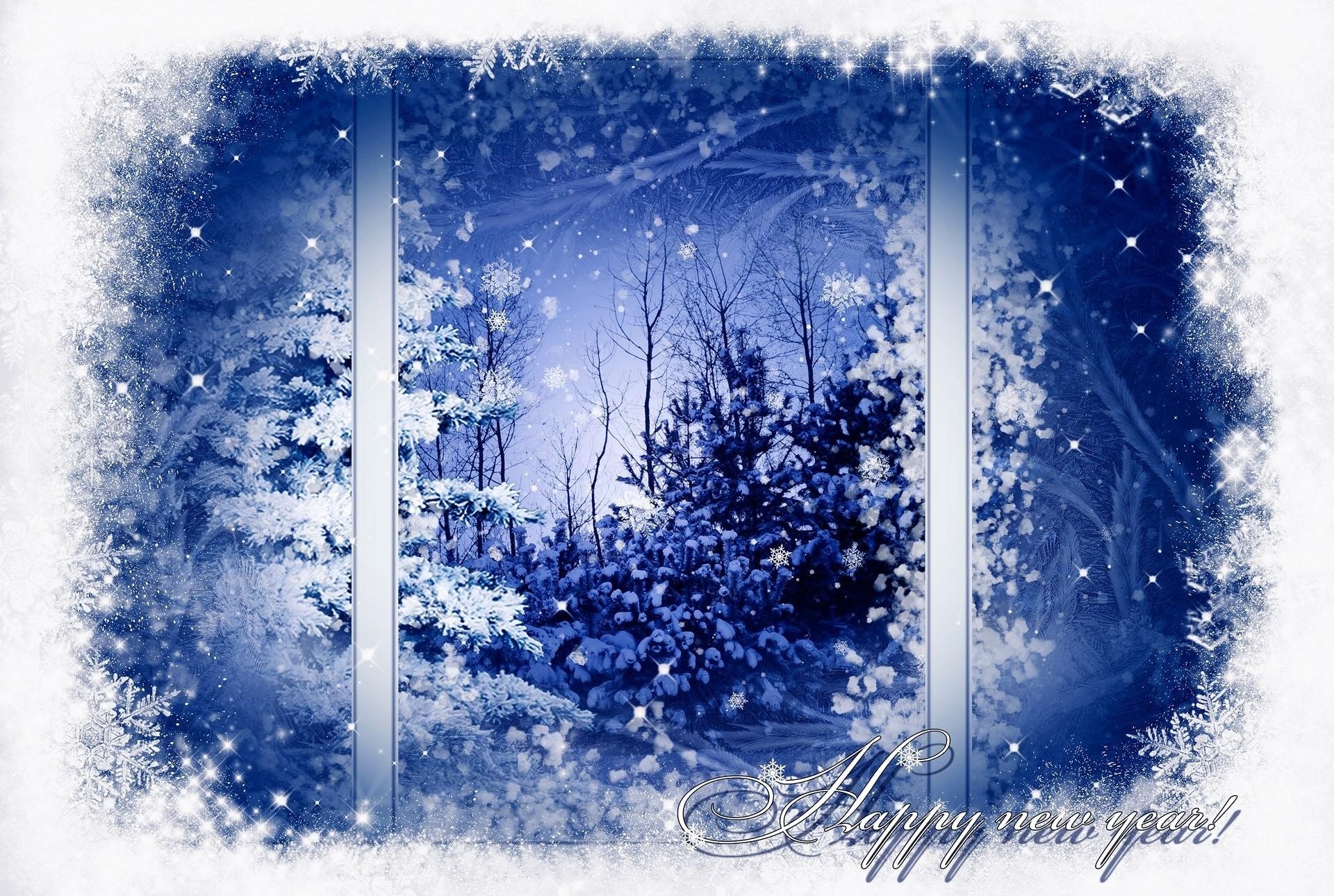 HD PC desktop wallpaper/background: snowy blue New Year holiday scene through a frosted window, snow-dusted pines and twinkling stars with Happy New Year script.