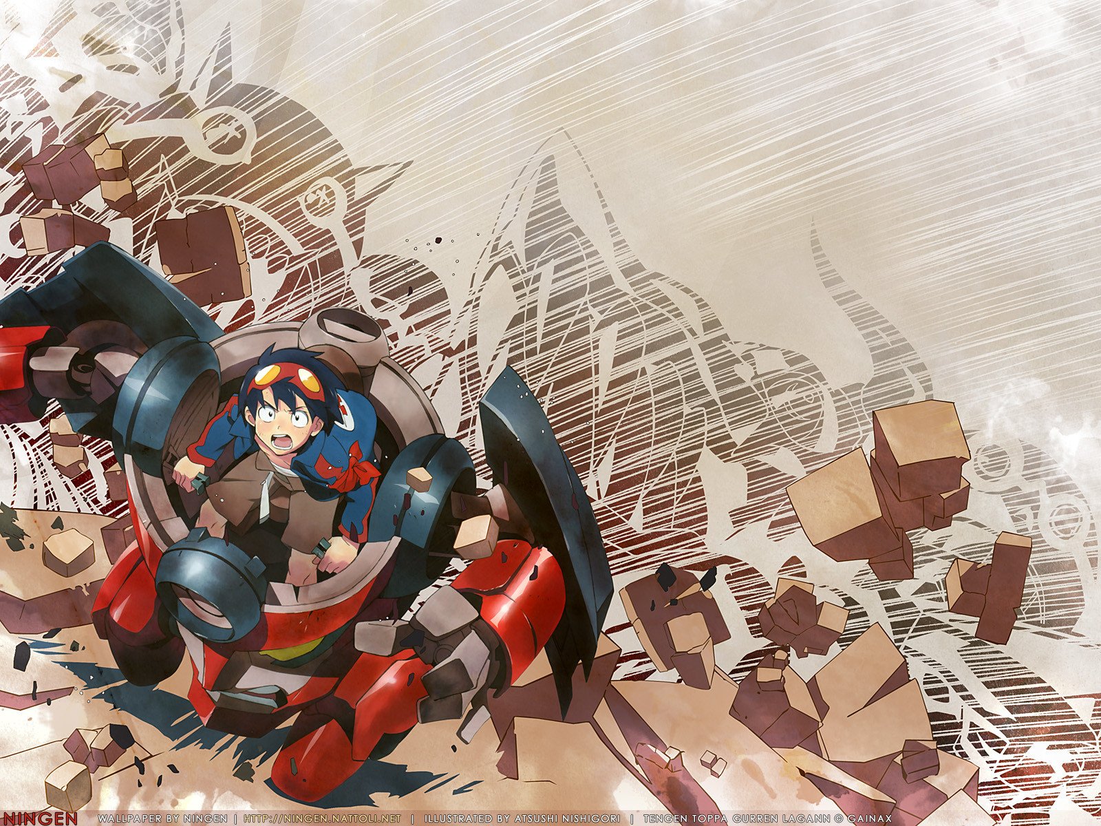 HD PC desktop wallpaper featuring anime-style art from Tengen Toppa Gurren Lagann with dynamic characters and bold mechanical designs.