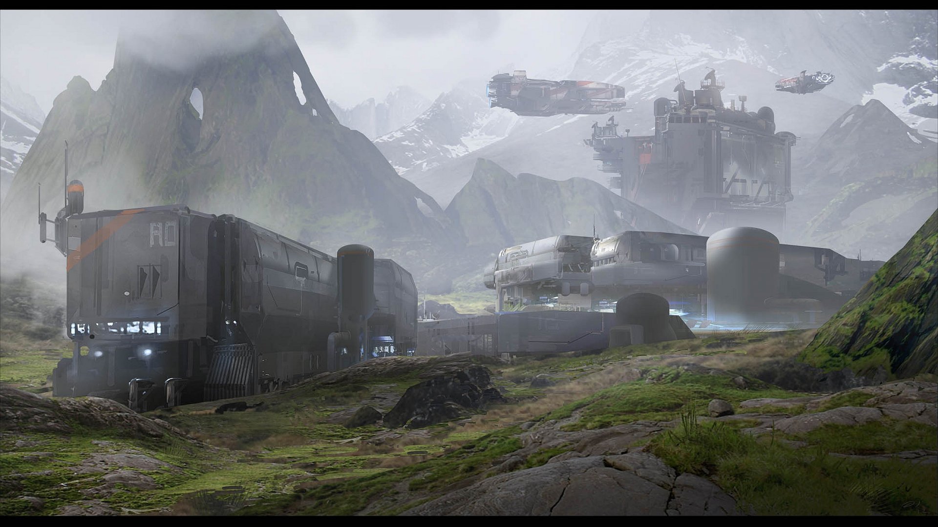 Sci-fi vehicle outpost with armored transports and hovering ships amid misty mountains — 2K Quad HD PC desktop wallpaper/background.
