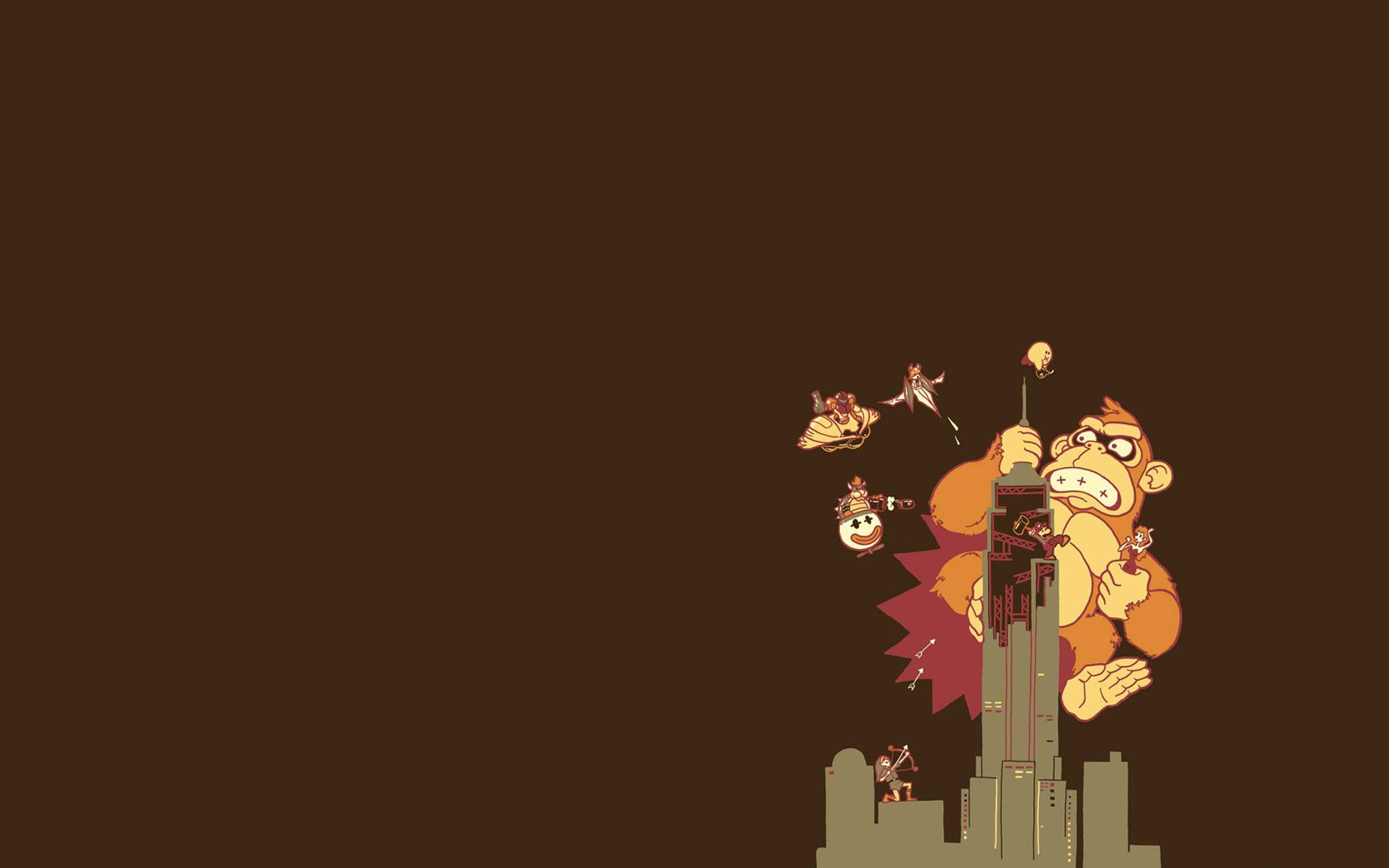 HD pixel-art desktop wallpaper: Donkey Kong climbs a skyscraper on a brown background while tiny Samus Aran and Link appear nearby, a retro video game crossover.