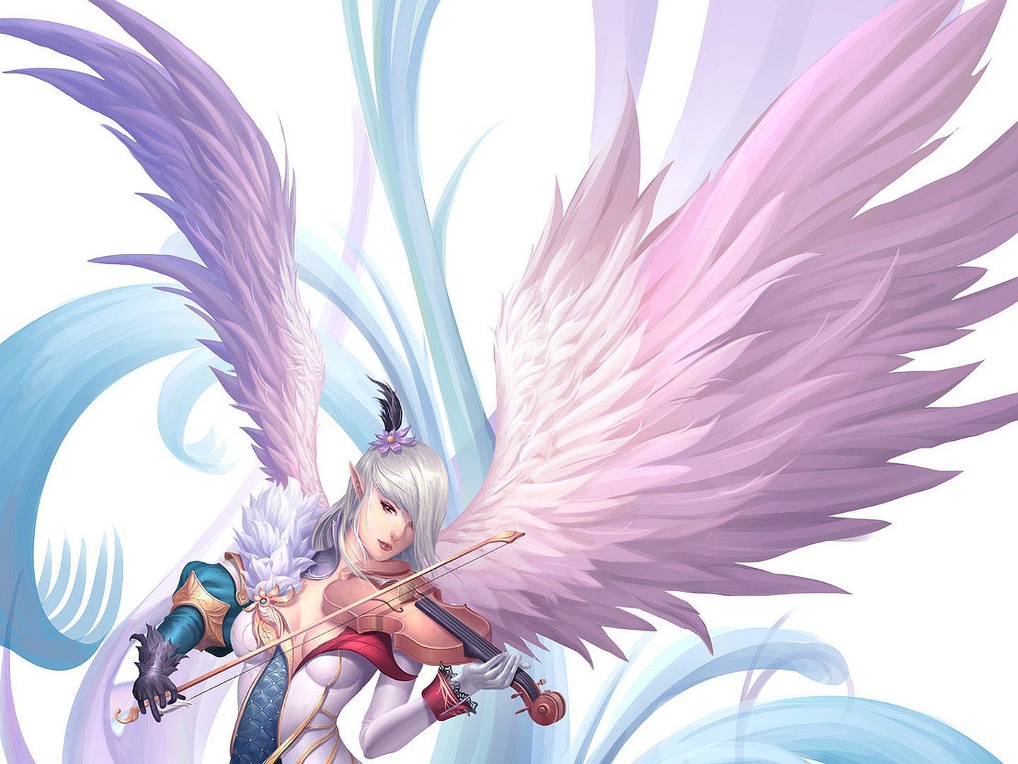 A fantasy-themed HD desktop wallpaper featuring an angel with large, colorful wings playing a violin, surrounded by swirling ethereal elements.