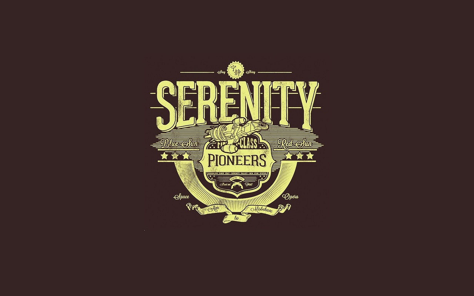 HD PC desktop wallpaper and background showing a gold Serenity (2005) movie emblem and stylized title on a textured brown backdrop.