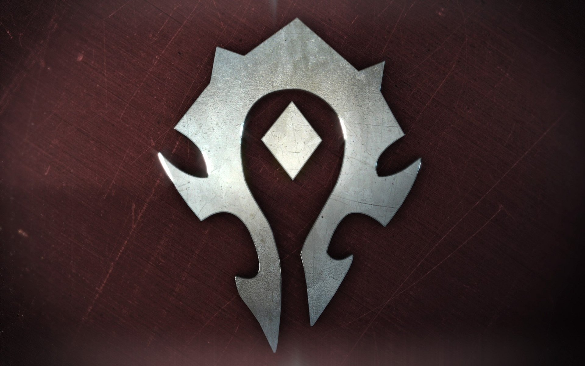 HD PC desktop wallpaper of the Horde emblem from the video game World of Warcraft on a textured dark red background.
