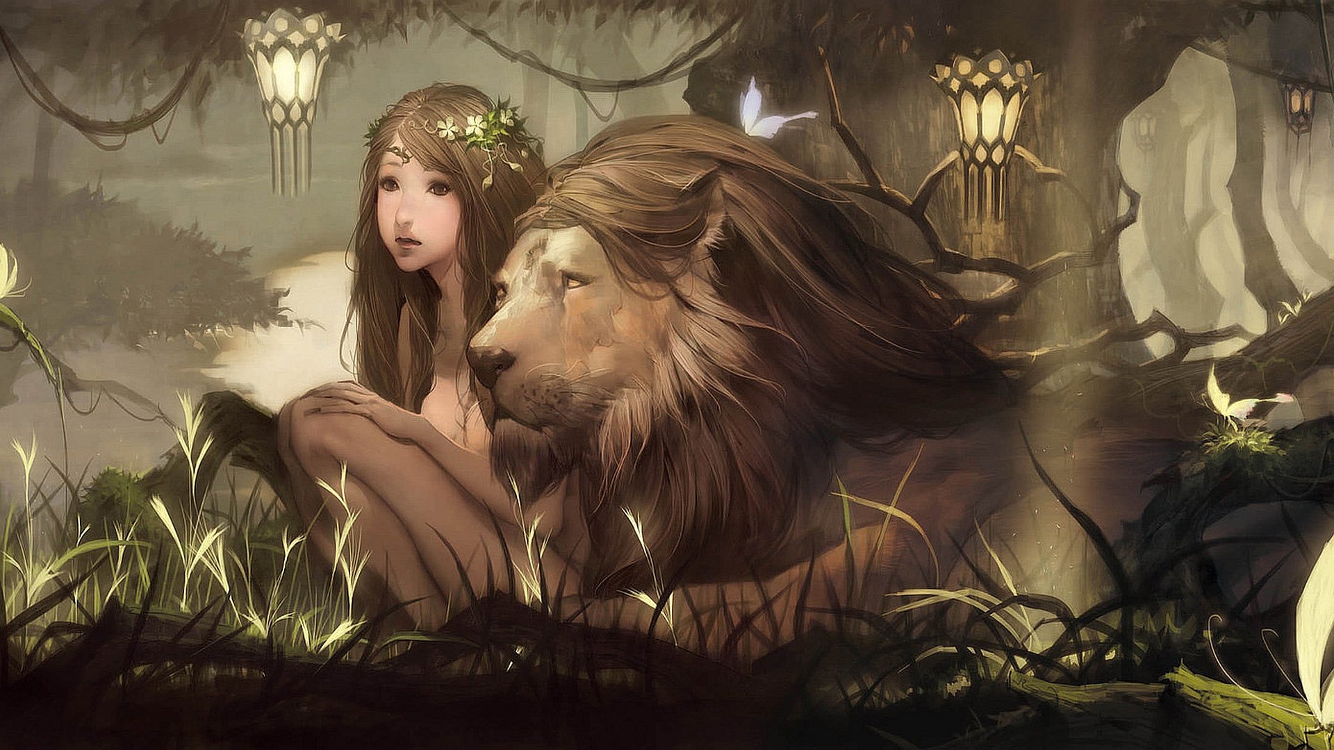 Fantasy HD PC desktop wallpaper featuring a serene woman with flowers in her hair sitting beside a majestic lion in a softly lit, mystical forest setting.