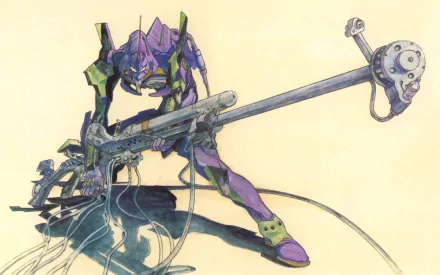 Evangelion Unit-01 stands in a dynamic pose, gripping a weapon, with vibrant colors and intricate details, serving as an eye-catching HD desktop wallpaper inspired by Neon Genesis Evangelion.