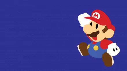 HD PC desktop wallpaper featuring Mario from the video game series, set against a solid blue background with a dynamic running pose.