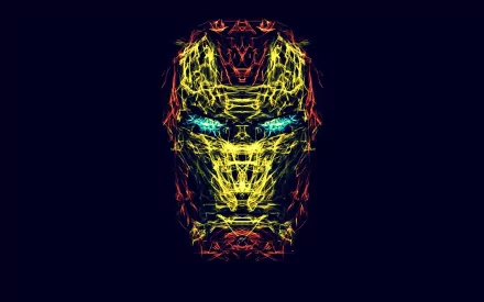 Generative art of Iron Man’s mask in vibrant neon lines on a dark background, designed as an HD PC desktop wallpaper and comic-style illustration.