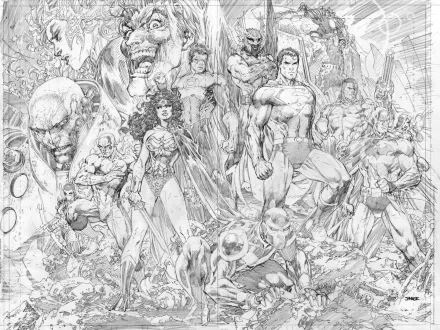 A dynamic DC Comics wallpaper featuring iconic characters like Superman, Wonder Woman, Batman, Flash, and villains like Lex Luthor and Joker, showcasing vibrant superhero action and drama.
