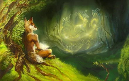 A serene anthropomorphic fox sits under a tree in a lush, green forest, gazing at ethereal creatures glowing in the mist, creating a captivating fantasy scene in this HD desktop wallpaper.