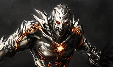 A high-definition desktop wallpaper featuring a dark, menacing monster with glowing orange eyes and fiery veins set against a shadowy background.