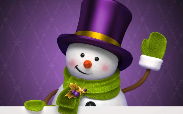 A cheerful snowman wearing a purple hat and green scarf waves warmly against a rich, purple background, making for a vibrant HD PC desktop wallpaper.