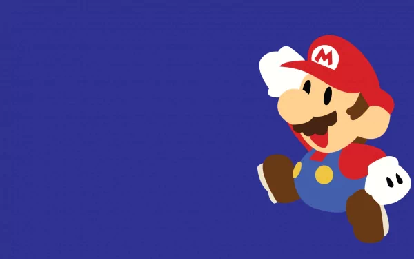 HD PC desktop wallpaper featuring Mario from the video game series, set against a solid blue background with a dynamic running pose.