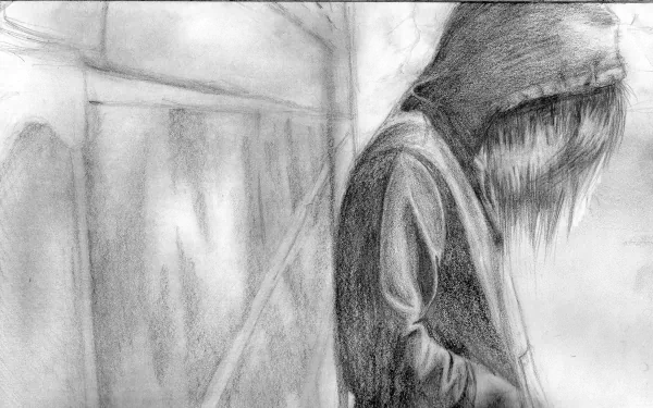 Artistic black and white drawing of a hooded figure looking down, rendered in detailed pencil strokes. 4K Ultra HD PC desktop wallpaper and background.