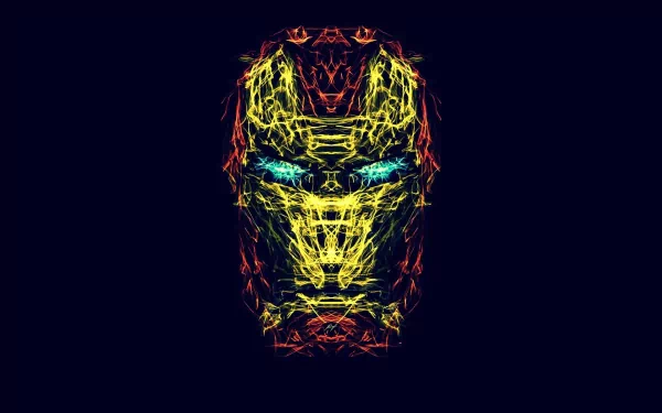 Generative art of Iron Man’s mask in vibrant neon lines on a dark background, designed as an HD PC desktop wallpaper and comic-style illustration.
