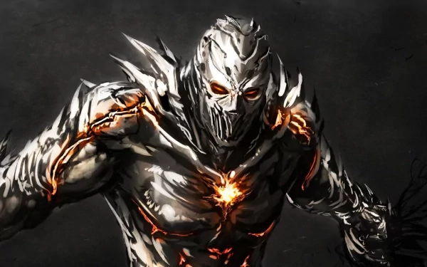 A high-definition desktop wallpaper featuring a dark, menacing monster with glowing orange eyes and fiery veins set against a shadowy background.