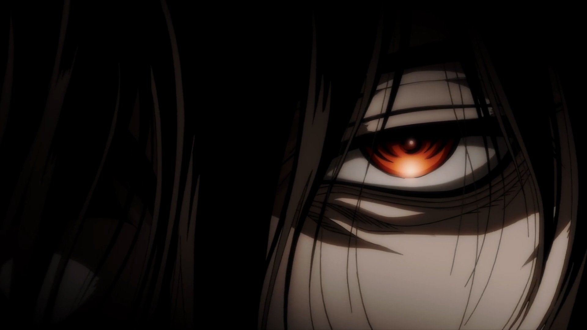 Close-up of a captivating eye from the anime *Hellsing*, featuring dark hair and dramatic shadows, designed as a striking HD desktop wallpaper and background.