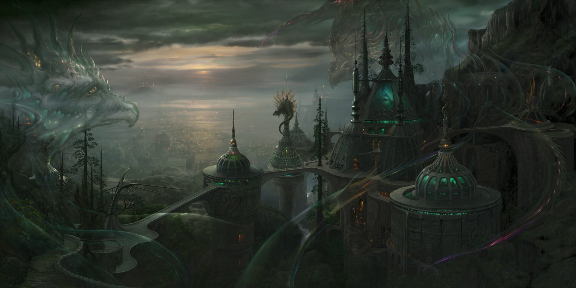 A dark, misty fantasy place with towering spires and mysterious glowing structures under a cloudy sky, designed as an HD PC desktop wallpaper and background.