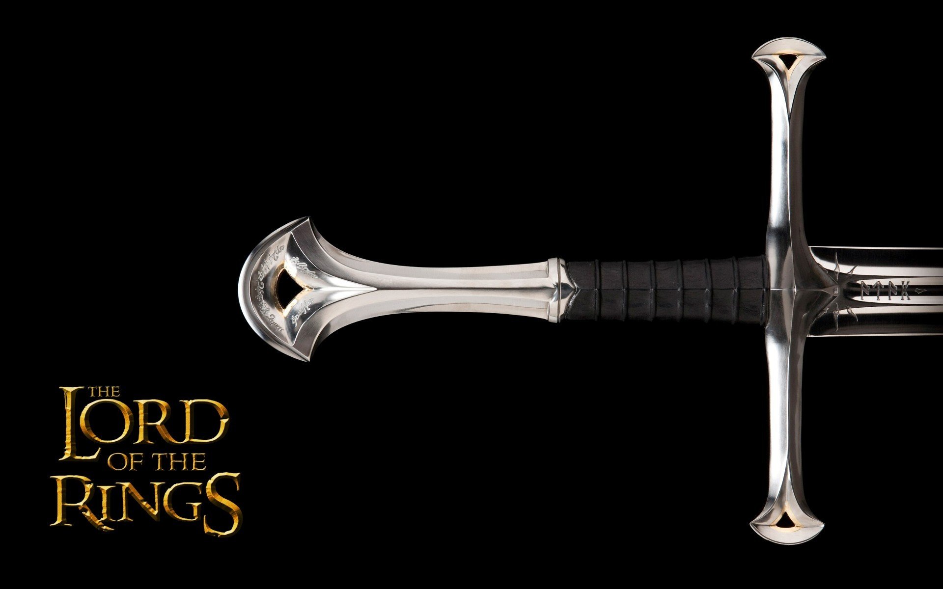 A sleek sword from The Lord of the Rings against a black backdrop, featuring the iconic movie logo for a striking HD wallpaper and desktop background.