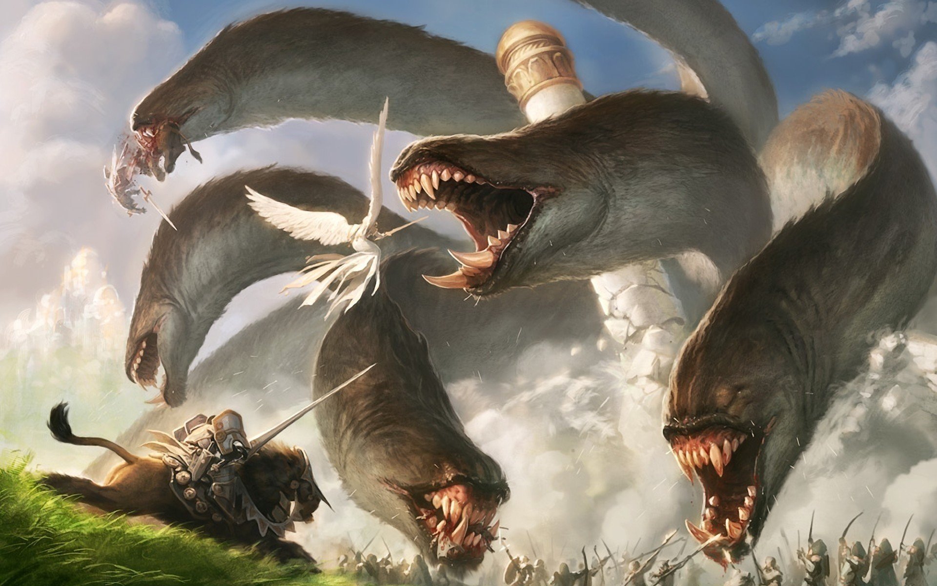 A dramatic scene featuring a warrior battling multiple hydra heads, set against a fantastical backdrop, inspired by Magic: The Gathering, suitable as a high-definition PC desktop wallpaper.