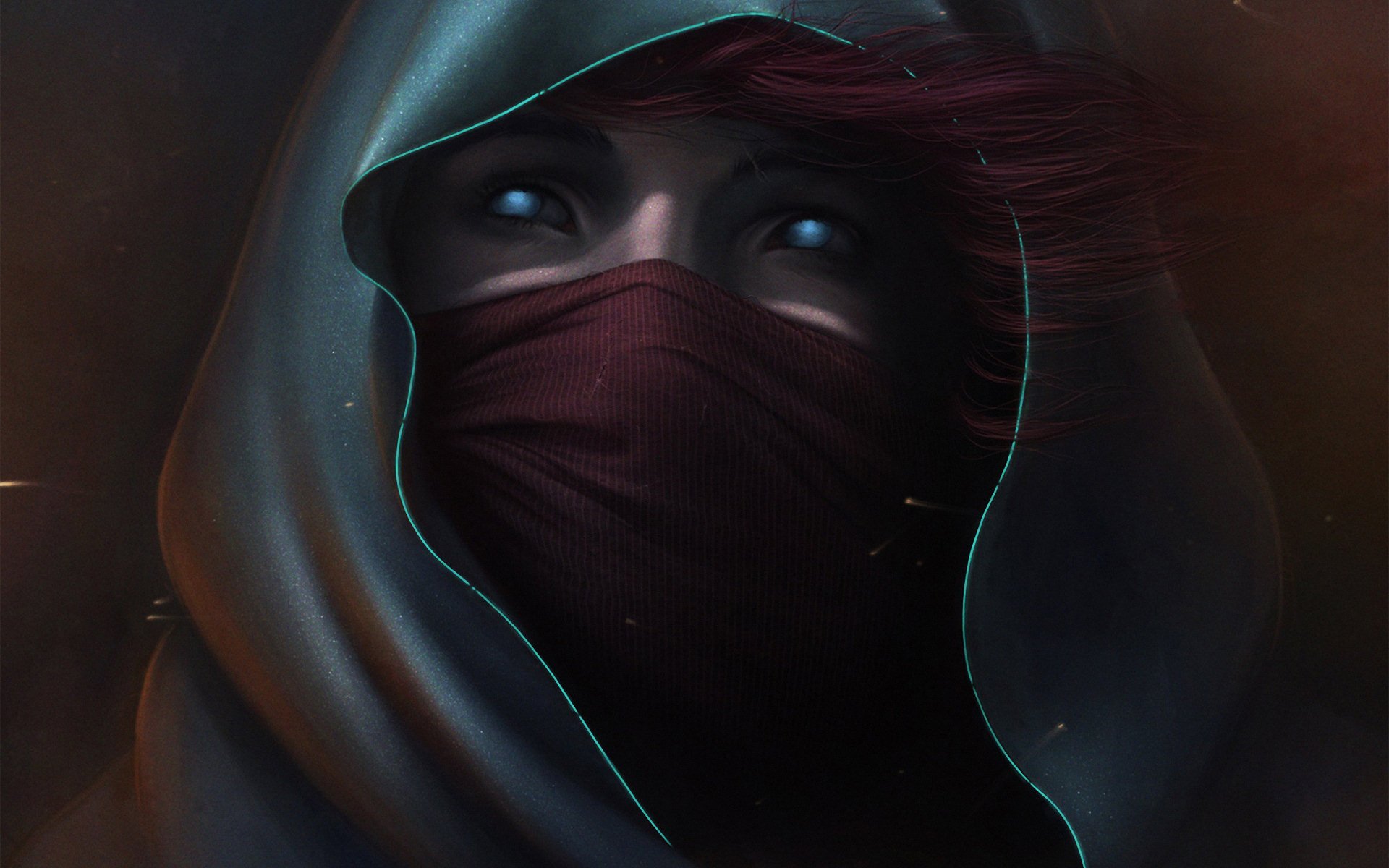A captivating fantasy-themed HD desktop wallpaper featuring a mysterious woman cloaked in shadows, with striking blue eyes and flowing hair, evoking a sense of intrigue and adventure.