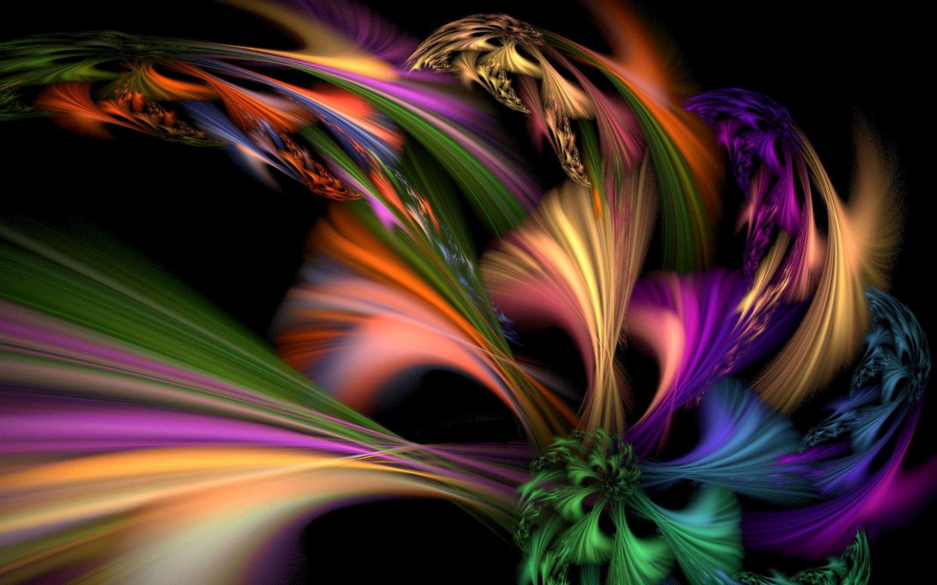 Abstract HD PC desktop wallpaper featuring vibrant, swirling colors in dynamic, flowing patterns against a black background.