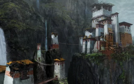 A stunning HD desktop wallpaper featuring a mystical landscape from the video game Uncharted 2: Among Thieves, showcasing ancient structures amidst lush mountains and cascading waterfalls.