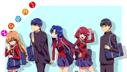 HD anime desktop wallpaper featuring Ami Kawashima, Minori Kushieda, Taiga Aisaka, Ryuuji Takasu, and Yusaku Kitamura from Toradora! against a light blue background.