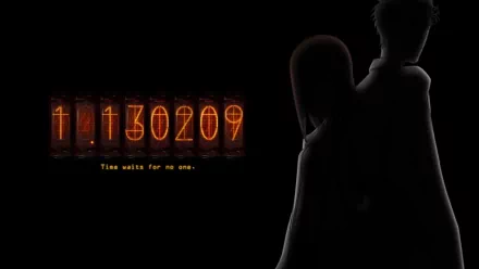 Anime-inspired HD wallpaper from Steins;Gate featuring silhouettes of characters against a dark background, with the date 11/13/0209 and the phrase Time waits for no one.