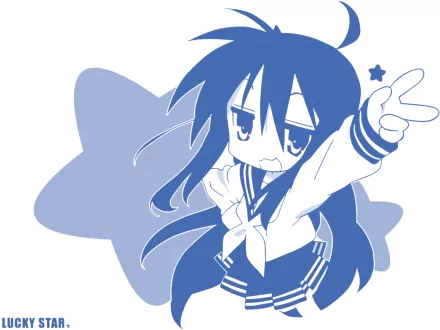 Blue-toned HD anime desktop wallpaper of Konata Izumi from Lucky Star, striking a playful peace-sign pose against a star-shaped backdrop.