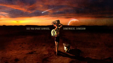 Anime Cowboy Bebop HD PC desktop wallpaper showing a lone figure and dog walking across a red desert at sunset, comet streak and distant planet above, text See you space cowgirl.