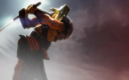 A dynamic depiction of Juggernaut from Dota 2, showcasing the hero wielding a sword against a dramatic backdrop. This HD wallpaper captures the essence of the iconic video game character.
