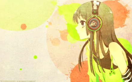 A vibrant HD wallpaper featuring Mio Akiyama from the anime K-ON!, depicted with headphones against a colorful abstract background.