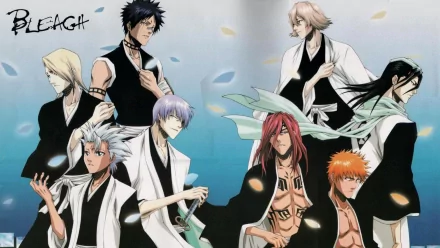 A dynamic HD wallpaper featuring characters from Bleach, including Byakuya Kuchiki, Ichigo Kurosaki, Renji Abarai, and others, set against a vibrant backdrop.